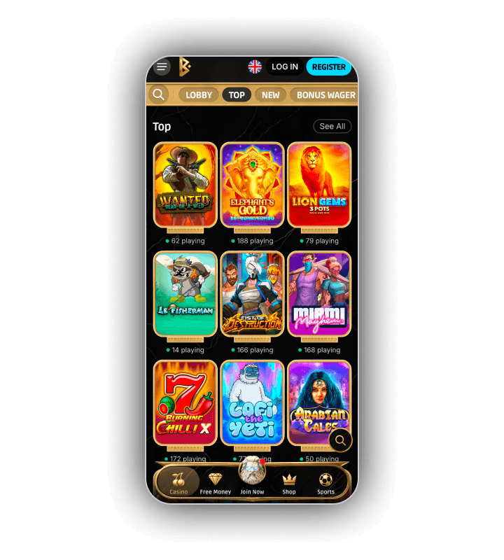 Betmica slot shelves with the game tiles and filters